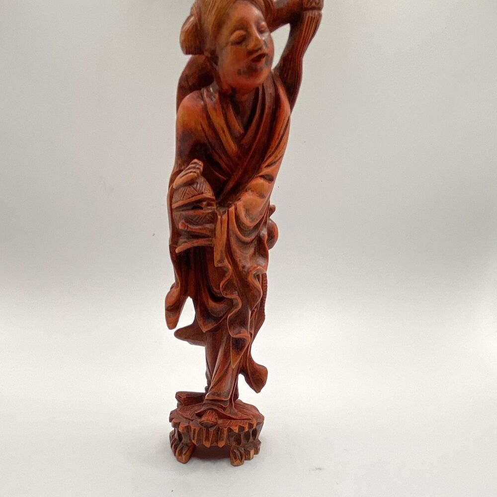 Hand-Carved Wood Woman Figurine Carrying Basket, Brown Asian Style Natural